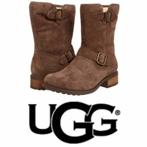 UGG Chaney Brown Suede Moto Buckle Mid Calf Shearling Boot